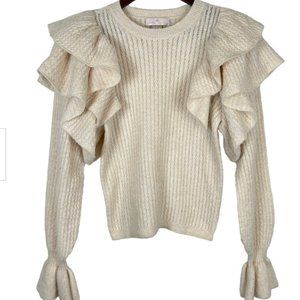 RACHEL PARCELL Womens Ruffle Sleeve Pointelle Sweater Cream Ribbed Size XS